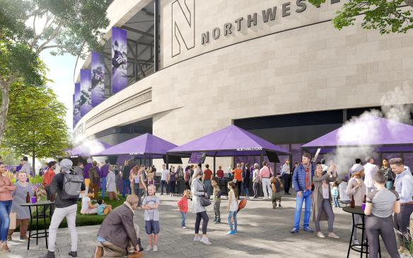 Rendering of people outside at the new Ryan Field at Northwestern University