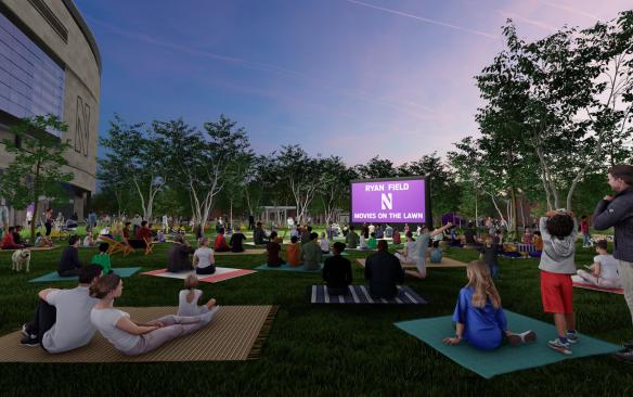Rendering of people outside at night on the lawn at the new Ryan Field at Northwestern University for Movies on the Lawn