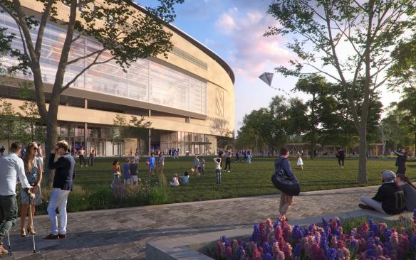 Rendering of people hanging out outside of the new Ryan Field at Northwestern University