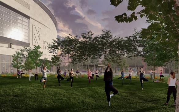 Rendering of people doing yoga on the lawn outside of the new Ryan Field at Northwestern University