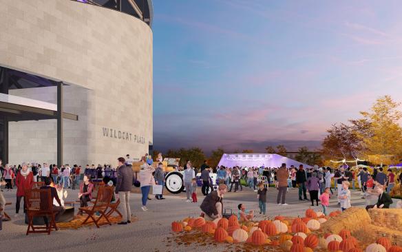Rendering of people at a fall event outside of the new Ryan Field at Northwestern University