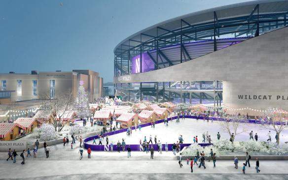 Rendering of people at a winter event outside of the new Ryan Field at Northwestern University