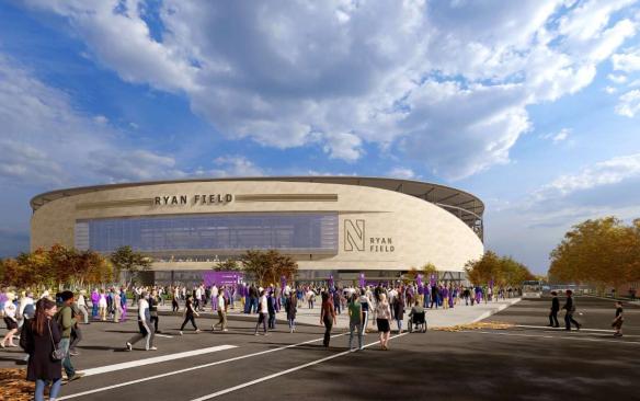 Rendering of the exterior of the new Ryan Field at Northwestern University with lots of people walking into the football stadium