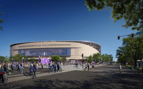 Rendering of the exterior of the new Ryan Field at Northwestern University with lots of people walking into the football stadium