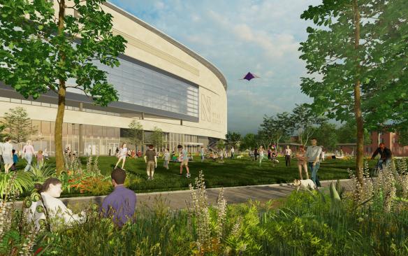 Rendering of people outside of the new Ryan Field at Northwestern University enjoying a beautiful day