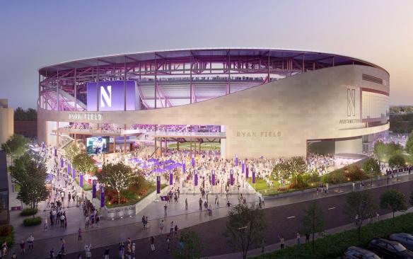 Rendering of a faraway exterior shot of the new Ryan Field at Northwestern University