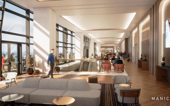 Rendering of the inside of a suite lounge at New Nissan Stadium