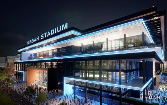 Rendering of the exterior of New Nissan Stadium at night